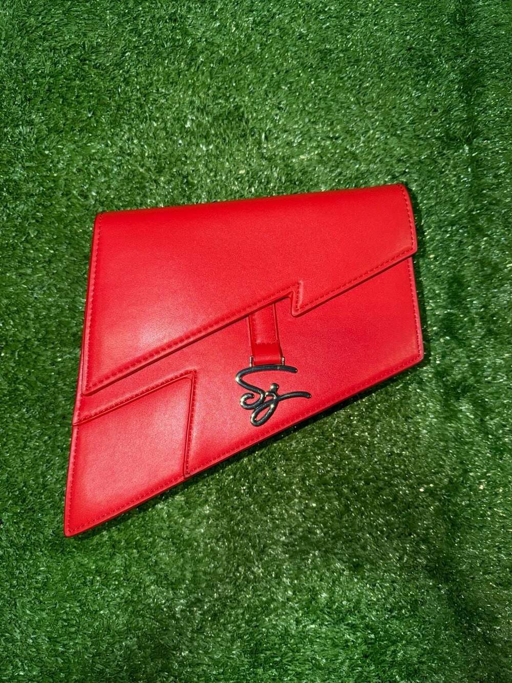 Shane Justin Red Asymmetrical Envelope Logo Clutch Crossbody Bag